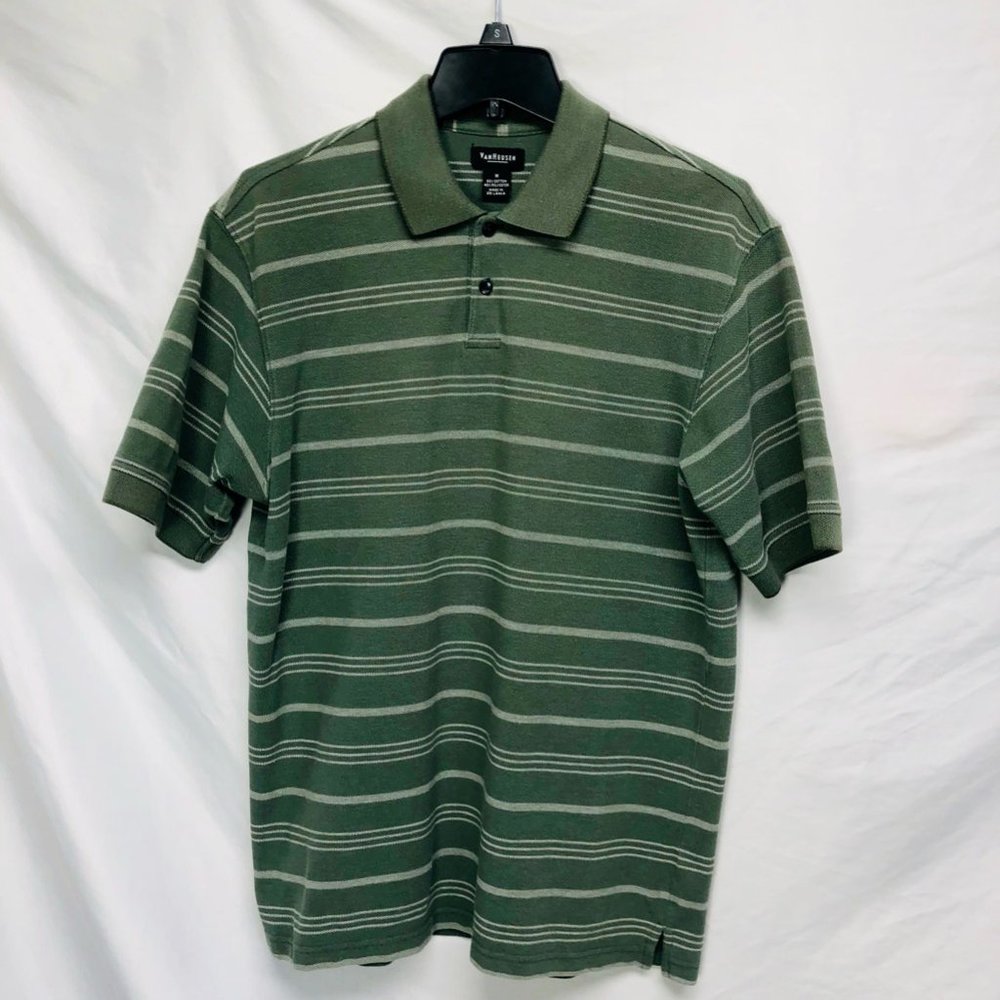 Van Heusen Mens Activewear Polo Shirt Green White Stripe Short Sleeve Collared M